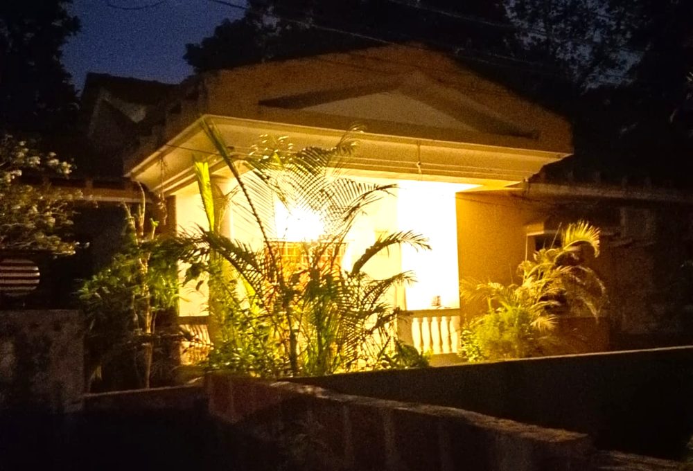 Goan-style stay lit up at night among palm trees
